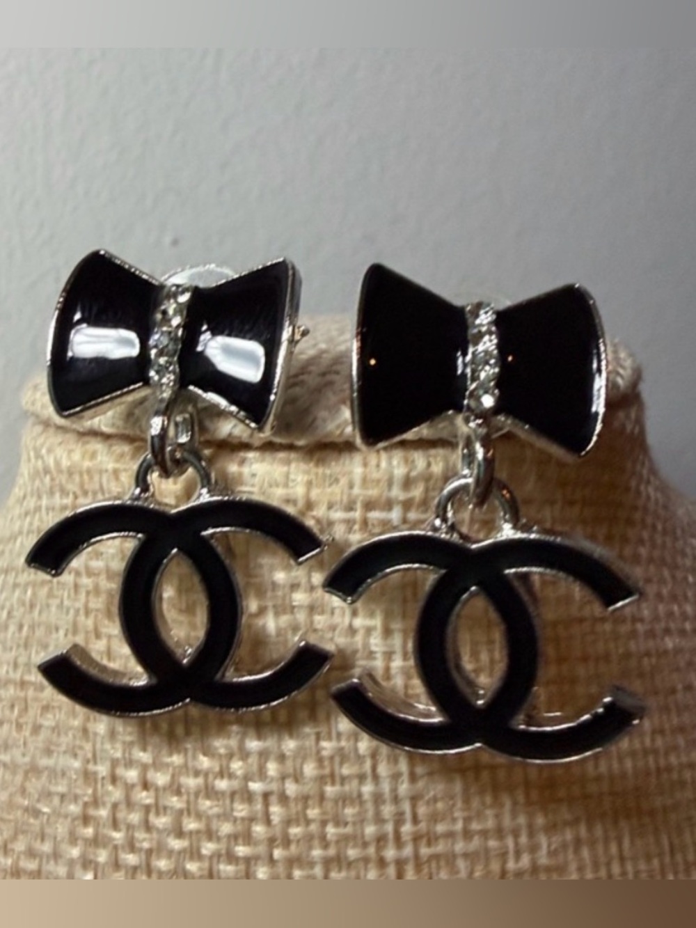 CC Bow Drop Earrings Black